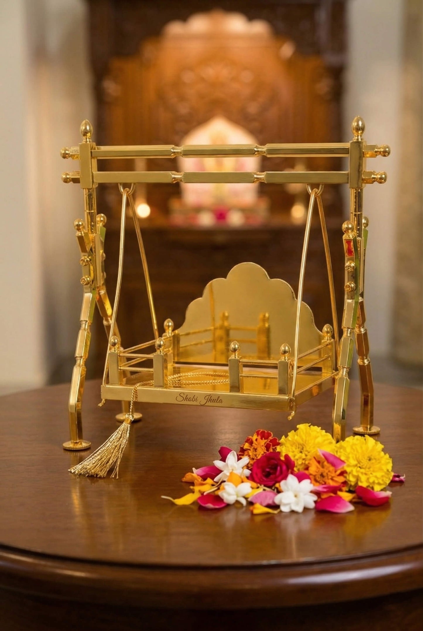 Brass Laddu Gopal, Jhula Folding, Gold Plated Kanha Ji Swing Palna, Bal Gopal Jhula for Mandir & Janmashtami Decoration | Small Size Pooja Jhula for Thakur Ji