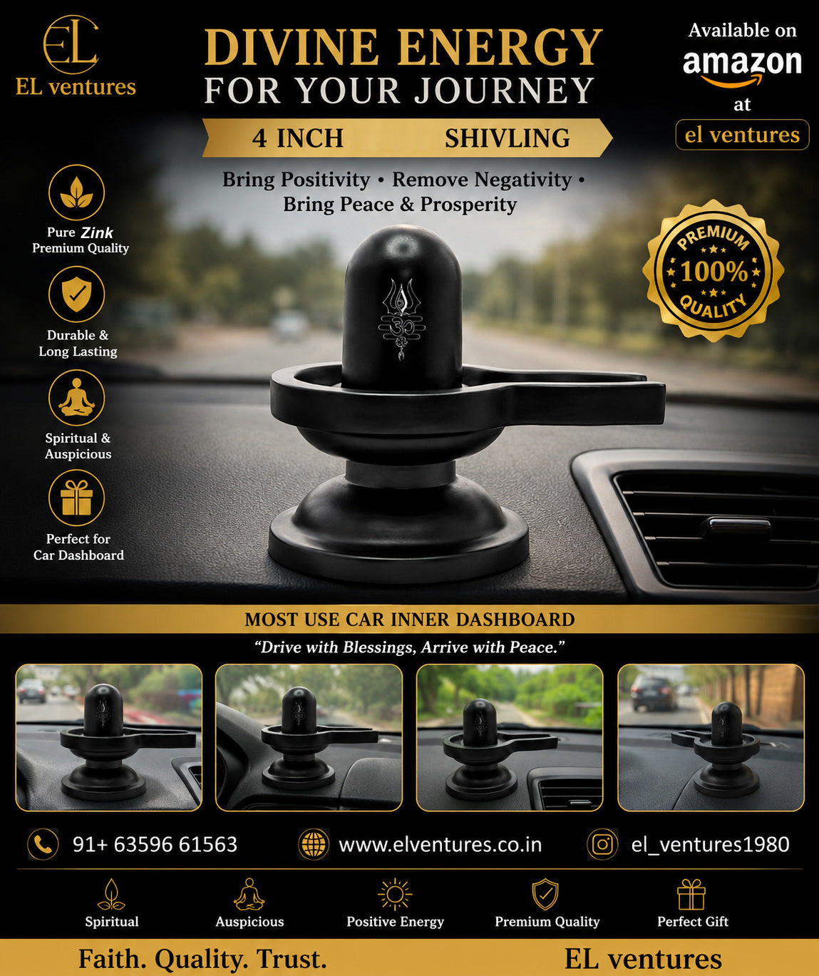Black Matte Brass Shivling for Pooja & Car Dashboard | Mini Shivling Idol with Base | Mahadev Shivling Murti for Home Mandir, Office & Vehicle | Premium Matte Finish Shivling