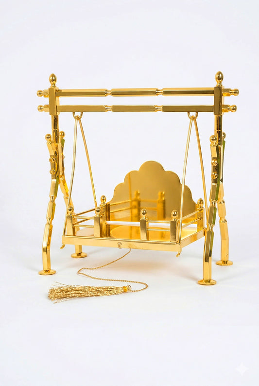 Brass Laddu Gopal,  Jhula Folding, Gold Plated Kanha Ji Swing Palna, Bal Gopal Jhula for Mandir &   Janmashtami Decoration | Small Size Pooja Jhula for Thakur Ji