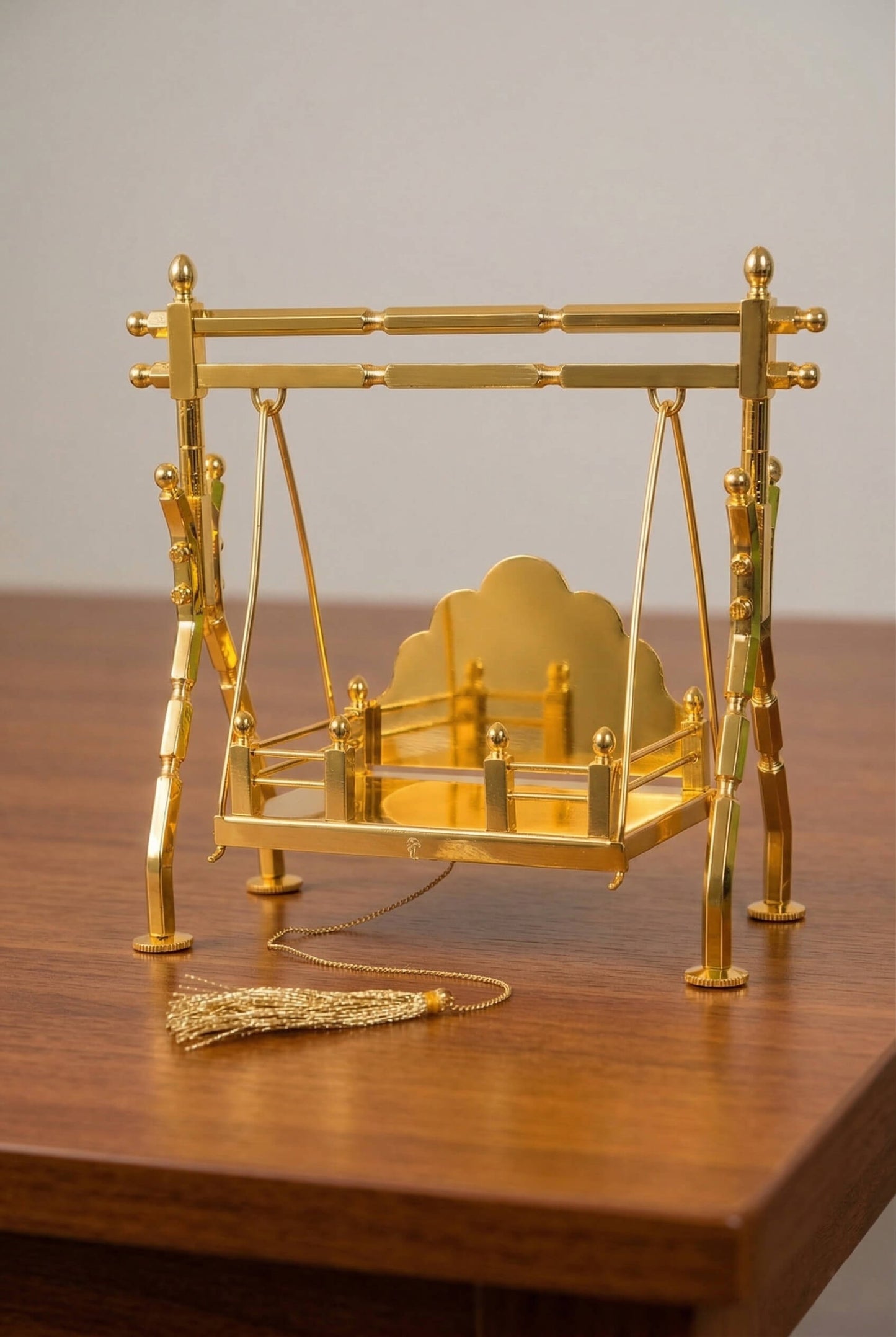 Brass Laddu Gopal,  Jhula Folding, Gold Plated Kanha Ji Swing Palna, Bal Gopal Jhula for Mandir &   Janmashtami Decoration | Small Size Pooja Jhula for Thakur Ji