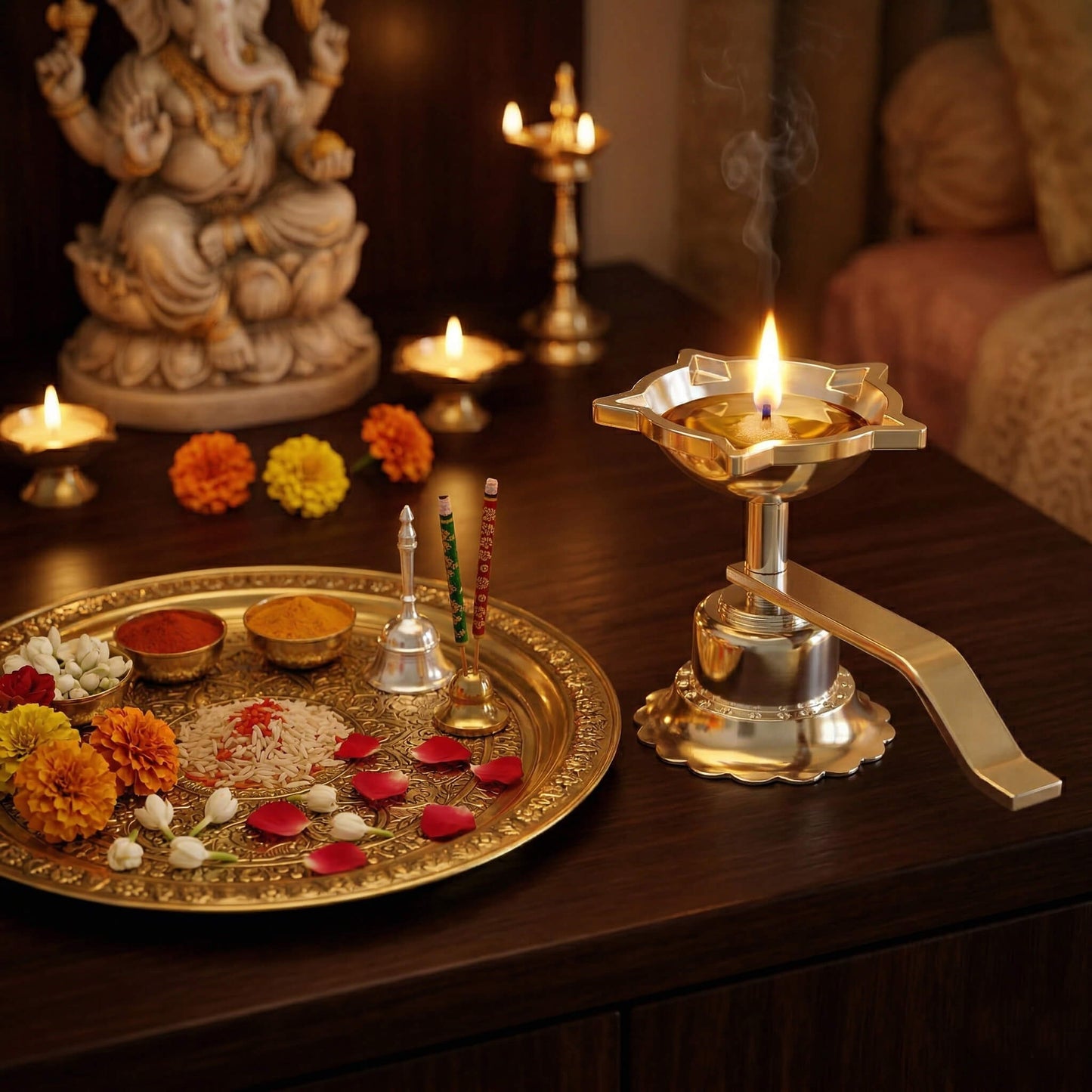 Folding Brass Diya 3 Piece Set | Portable Brass Oil Lamp for Pooja | Foldable Diya for Travel & Mandir | Traditional Brass Deepak for Aarti & Festivals