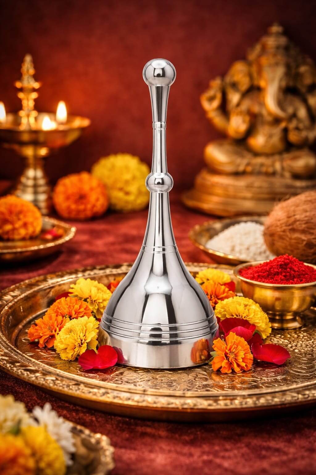 Long Handle Brass Pooja Bell Ghanti | Heavy Brass Temple Aarti Bell for Mandir | Traditional Hand Bell for Home  | Loud Sound Brass Ghanta