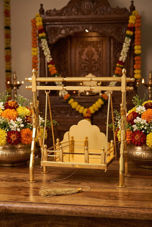 Brass Laddu Gopal,  Jhula Folding, Gold Plated Kanha Ji Swing Palna, Bal Gopal Jhula for Mandir &   Janmashtami Decoration | Small Size Pooja Jhula for Thakur Ji