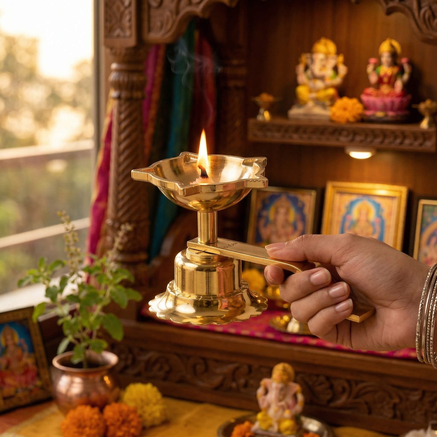 Folding Brass Diya 3 Piece Set | Portable Brass Oil Lamp for Pooja | Foldable Diya for Travel & Mandir | Traditional Brass Deepak for Aarti & Festivals