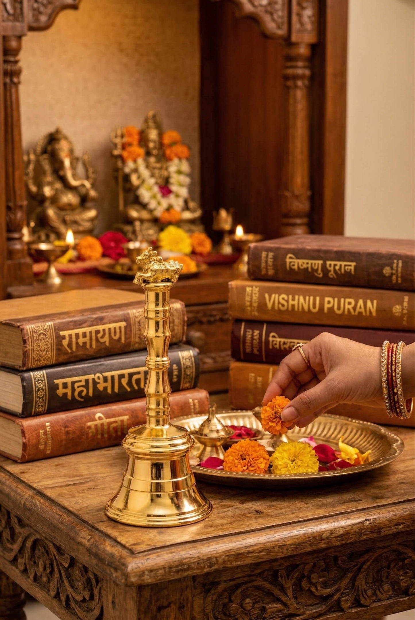 Nandi Design Brass Pooja Bell Ghanti | Heavy Brass Temple Aarti Bell with Nandi Top | Shiv Mandir Bell for Home  | Traditional Brass Ghanta for Aarti & Meditation