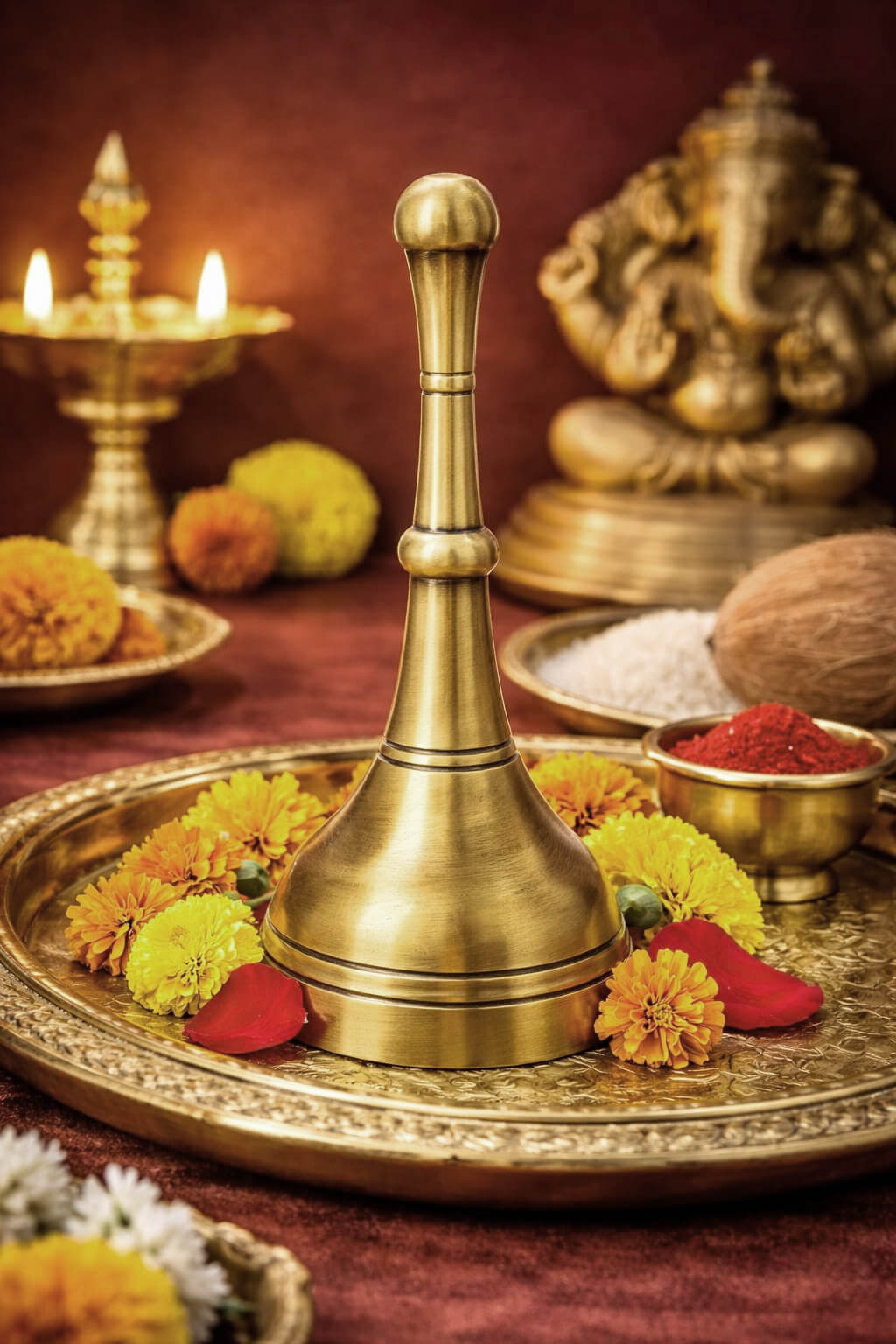 Long Handle Brass Pooja Bell Ghanti | Heavy Brass Temple Aarti Bell for Mandir | Traditional Hand Bell for Home  | Loud Sound Brass Ghanta