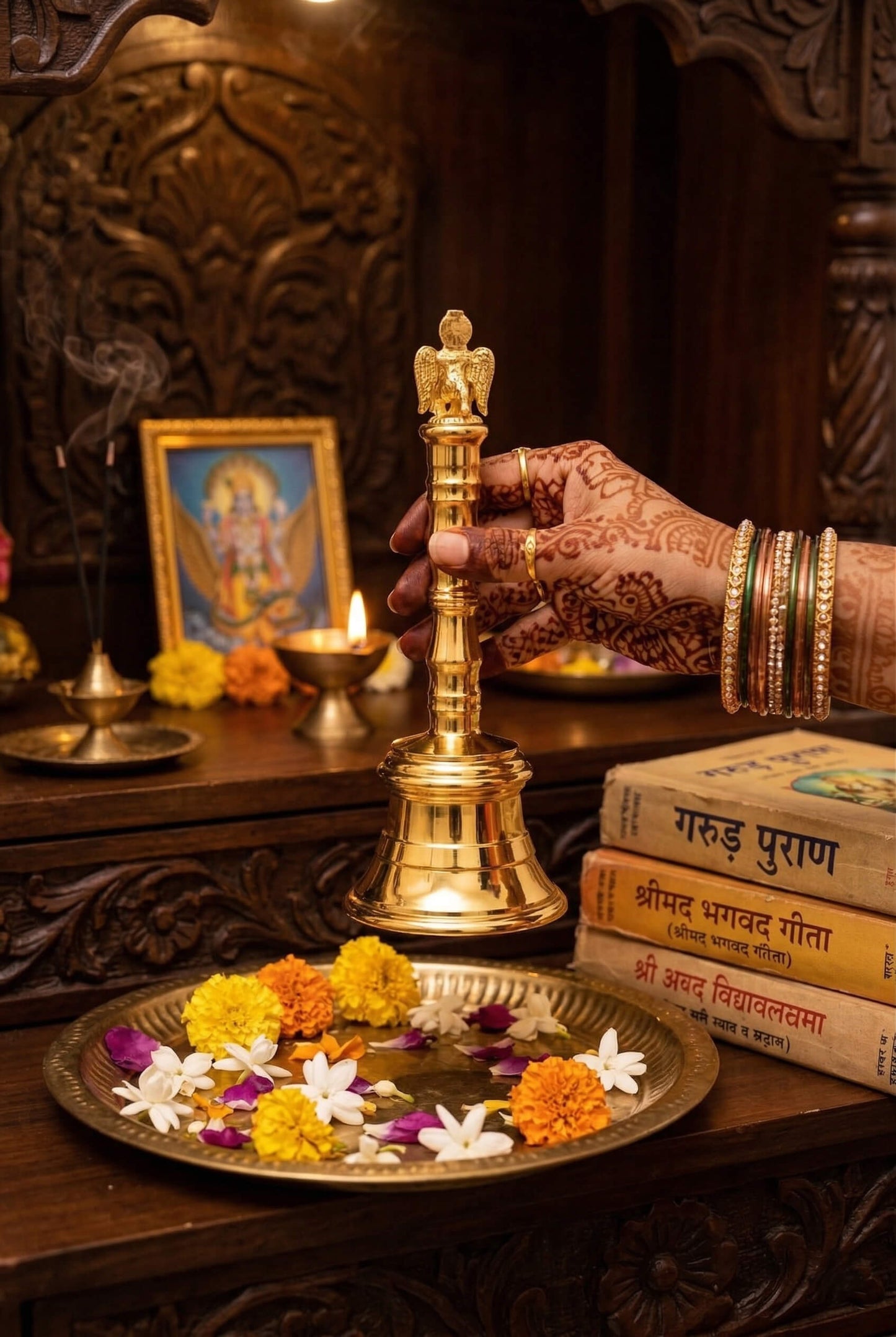 Garuda Design Brass Pooja Bell Ghanti | Heavy Brass Temple Aarti Bell with Garuda Top | Vishnu Mandir Bell for Home | Traditional Brass Ghanta
