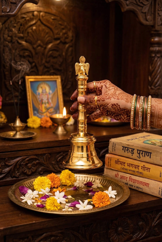 Garuda Design Brass Pooja Bell Ghanti | Heavy Brass Temple Aarti Bell with Garuda Top | Vishnu Mandir Bell for Home | Traditional Brass Ghanta