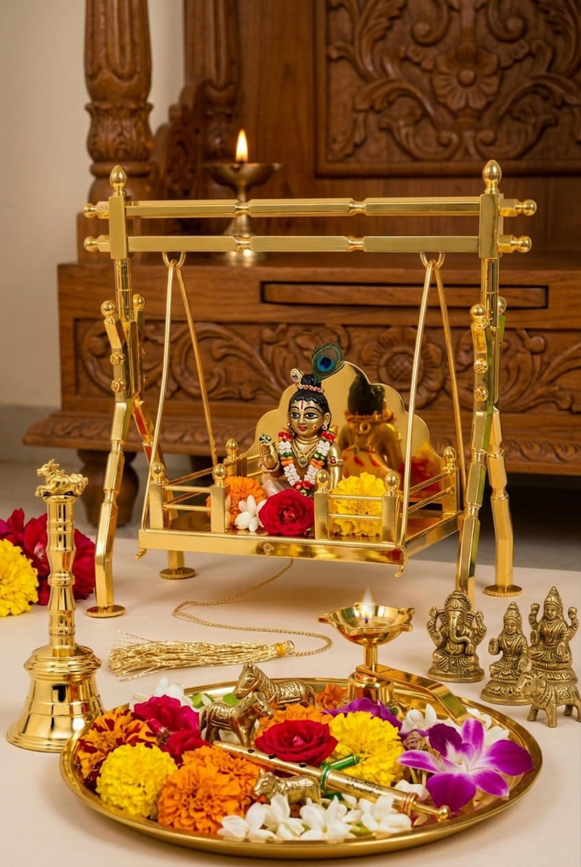 Brass Laddu Gopal,  Jhula Folding, Gold Plated Kanha Ji Swing Palna, Bal Gopal Jhula for Mandir &   Janmashtami Decoration | Small Size Pooja Jhula for Thakur Ji