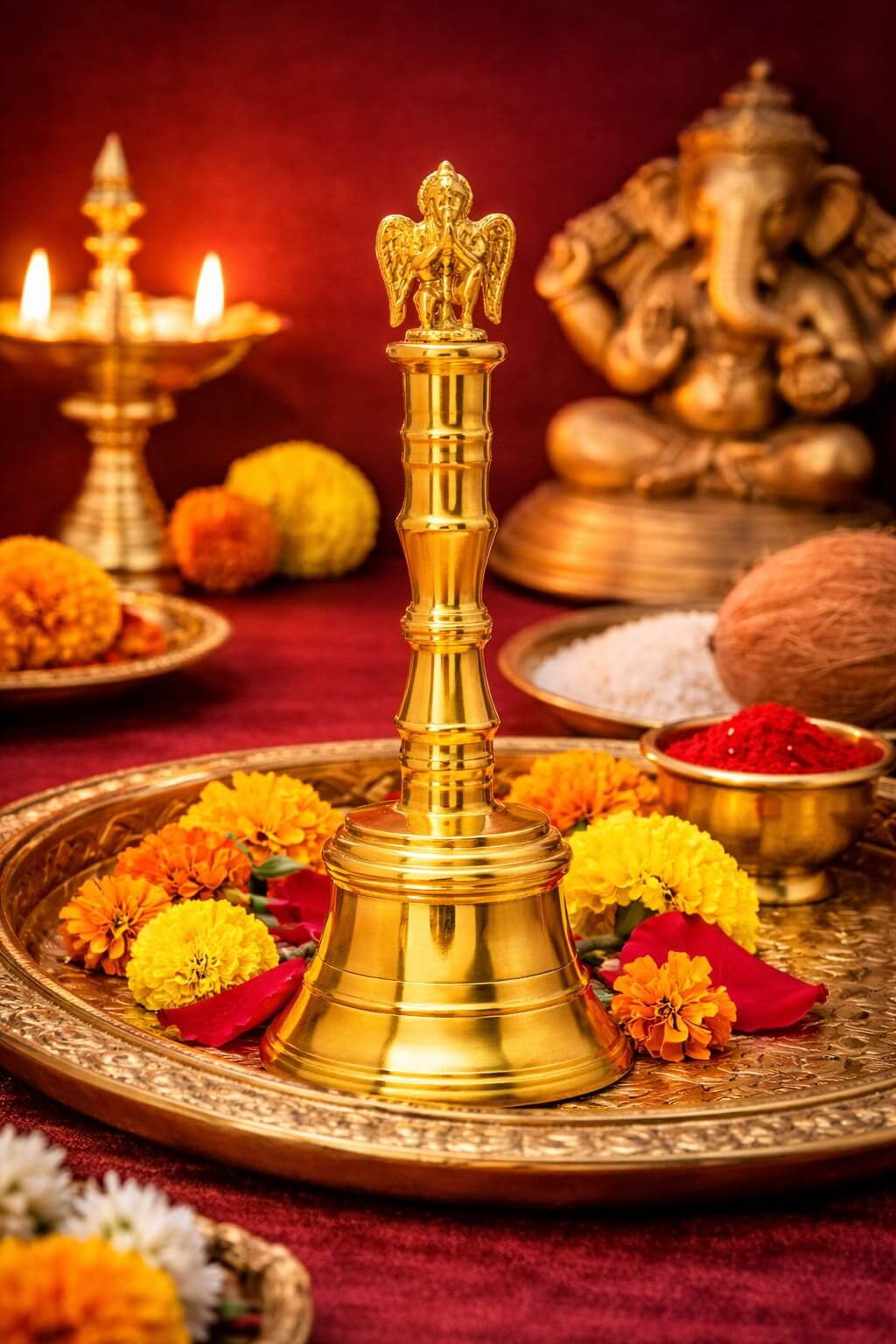 Garuda Design Brass Pooja Bell Ghanti | Heavy Brass Temple Aarti Bell with Garuda Top | Vishnu Mandir Bell for Home | Traditional Brass Ghanta