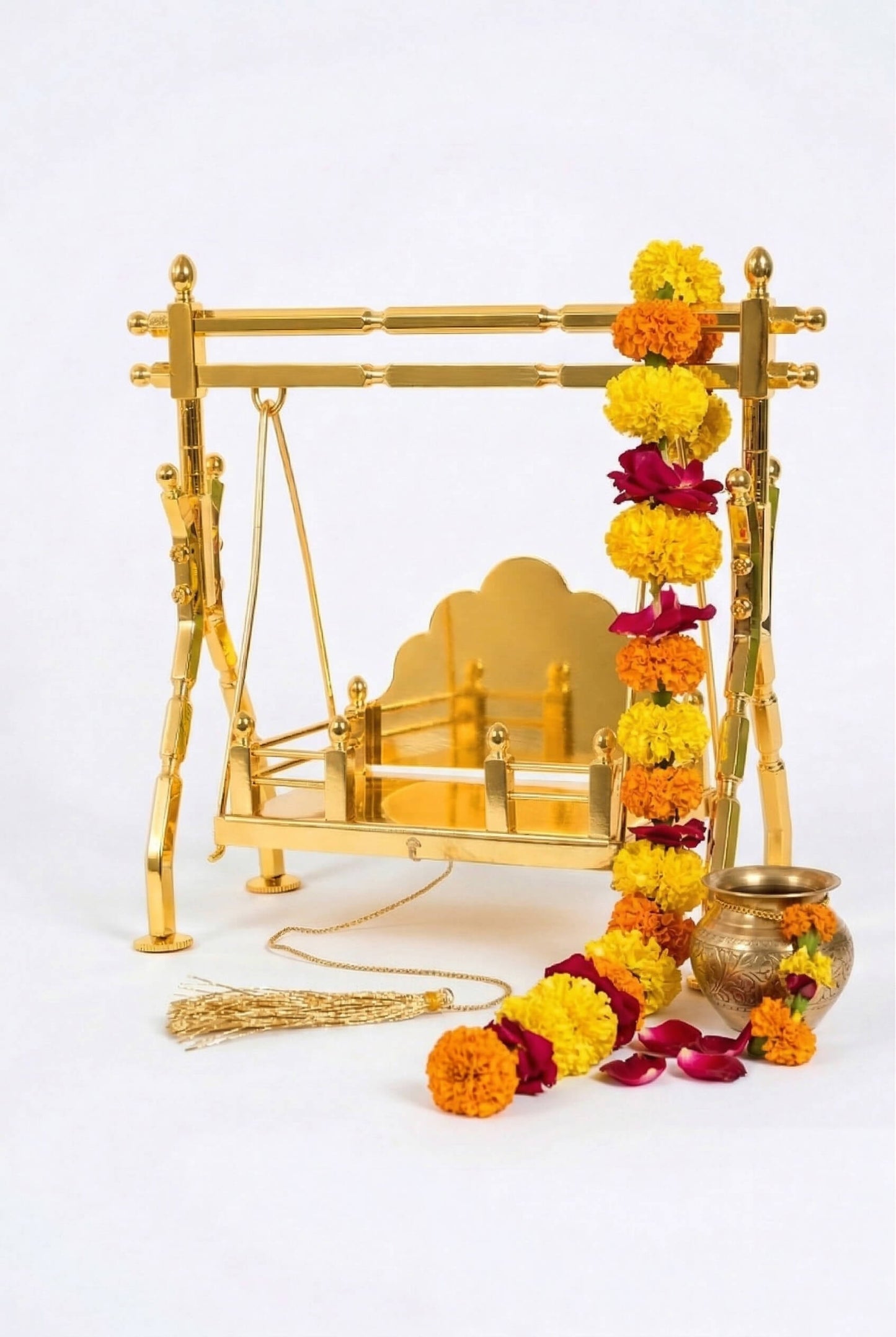 Brass Laddu Gopal,  Jhula Folding, Gold Plated Kanha Ji Swing Palna, Bal Gopal Jhula for Mandir &   Janmashtami Decoration | Small Size Pooja Jhula for Thakur Ji