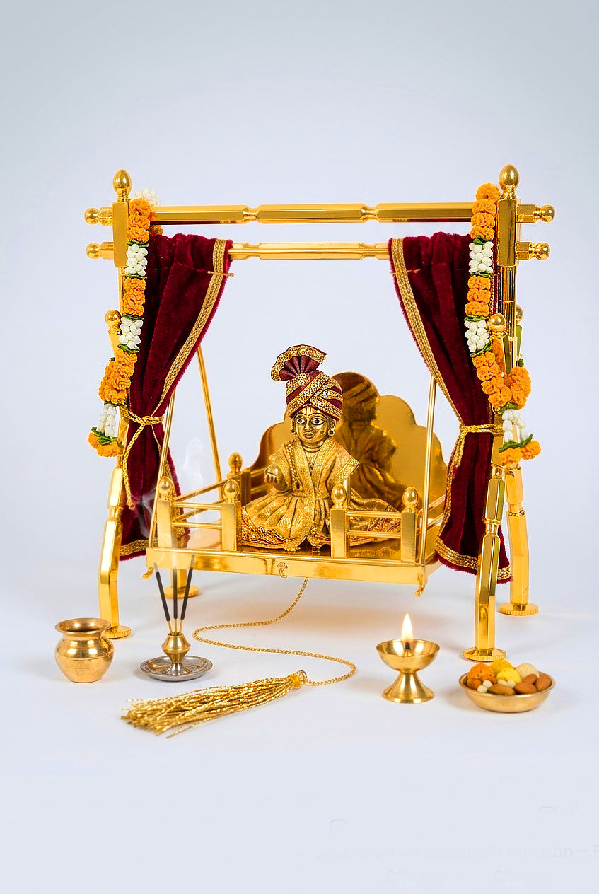 Brass Laddu Gopal,  Jhula Folding, Gold Plated Kanha Ji Swing Palna, Bal Gopal Jhula for Mandir &   Janmashtami Decoration | Small Size Pooja Jhula for Thakur Ji