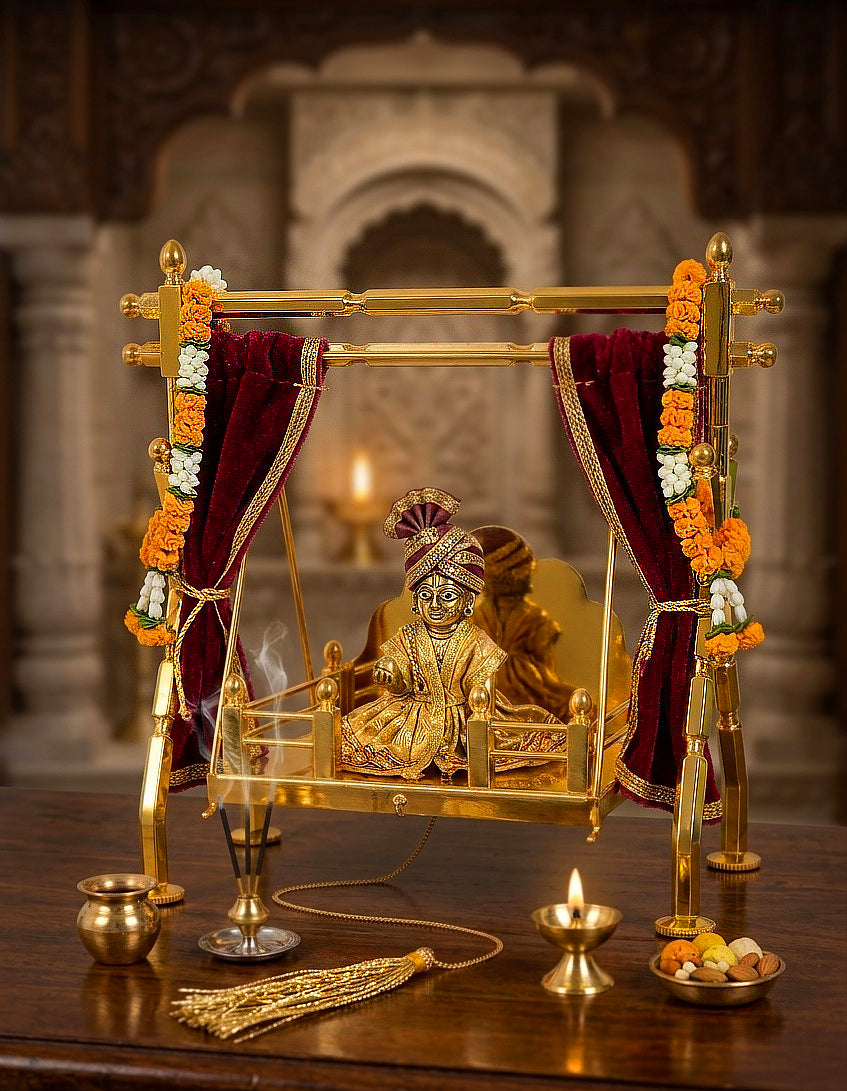 Brass Laddu Gopal,  Jhula Folding, Gold Plated Kanha Ji Swing Palna, Bal Gopal Jhula for Mandir &   Janmashtami Decoration | Small Size Pooja Jhula for Thakur Ji