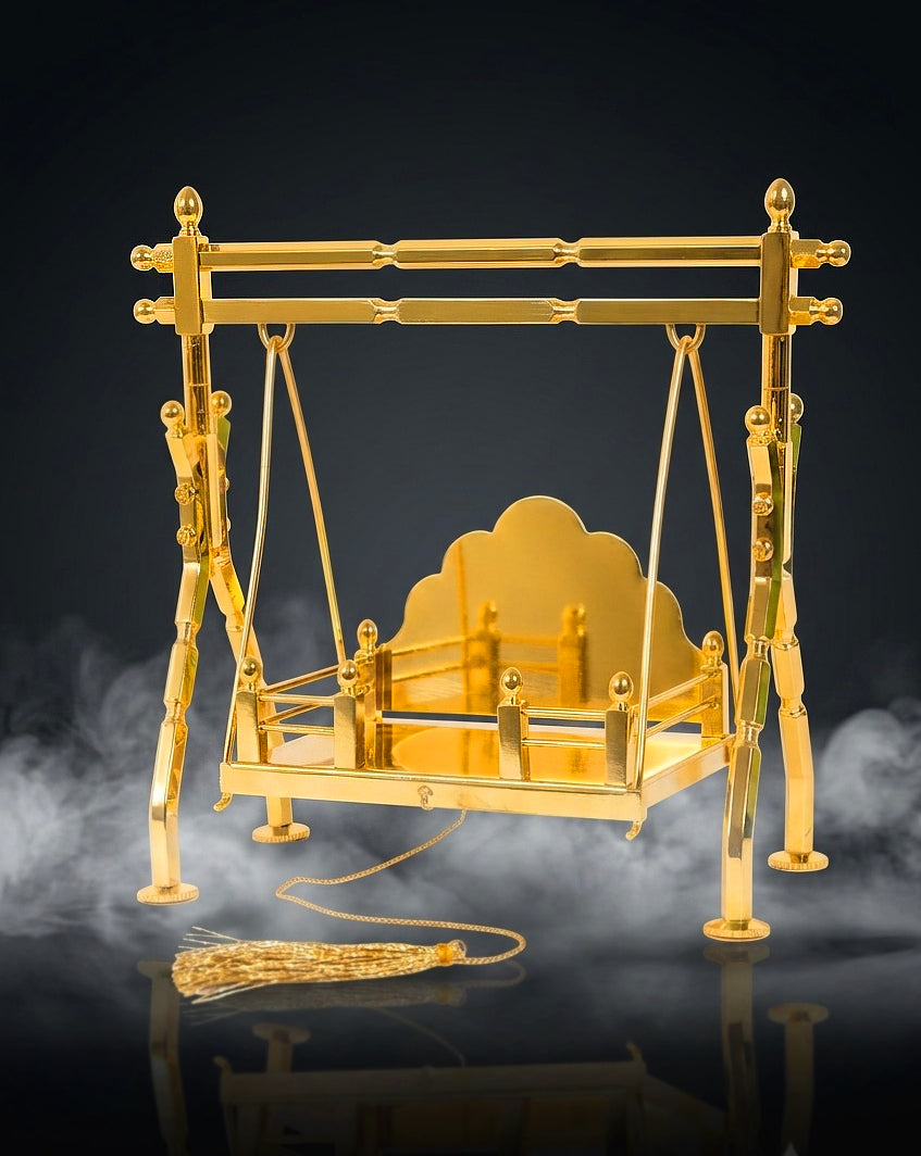 Brass Laddu Gopal,  Jhula Folding, Gold Plated Kanha Ji Swing Palna, Bal Gopal Jhula for Mandir &   Janmashtami Decoration | Small Size Pooja Jhula for Thakur Ji